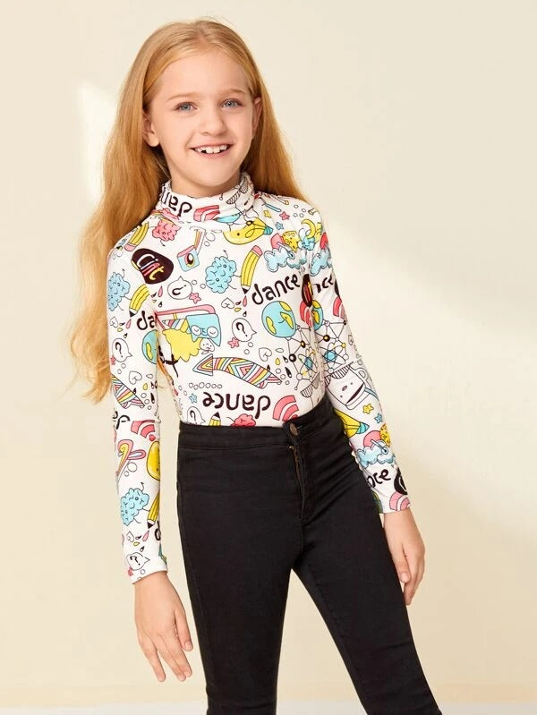 Girls Pop Art Print High Neck Tee Kidenhouse