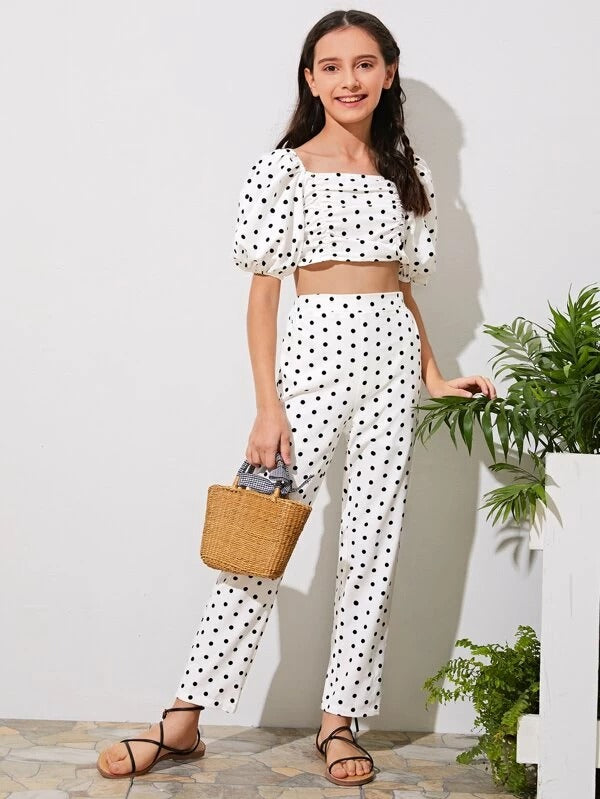 puff sleeve polka dot top