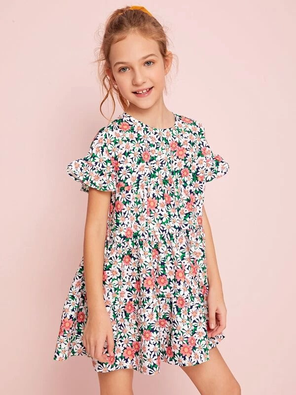 Girls Ruffle Cuff Floral Print Smock Dress