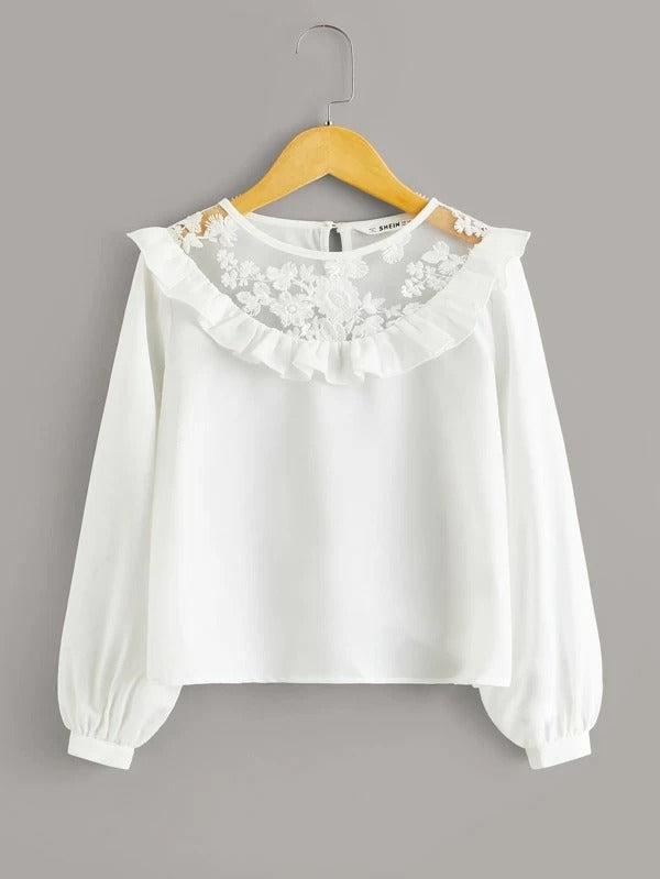 Girls Ruffle Trim Embroidered Mesh Yoke Top