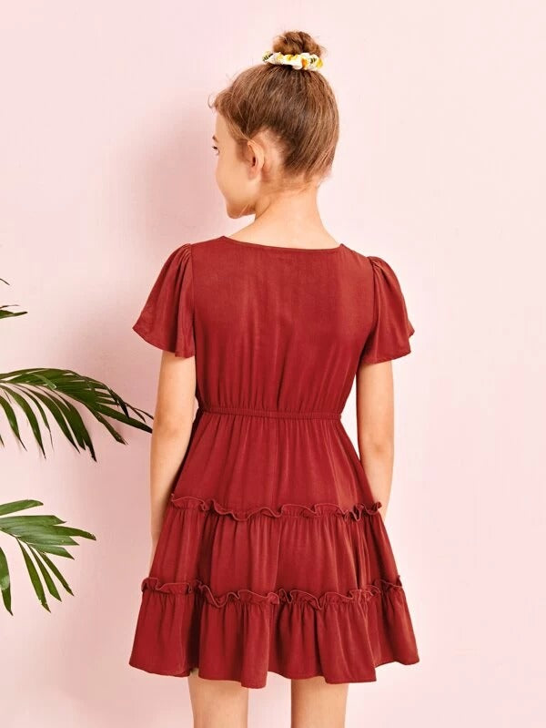 Download Girls V Neck Butterfly Sleeve Layered Frill Detail Dress Kidenhouse