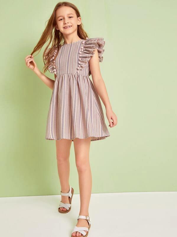 Download Girls Pompom Detail Layered Butterfly Sleeve Striped Dress
