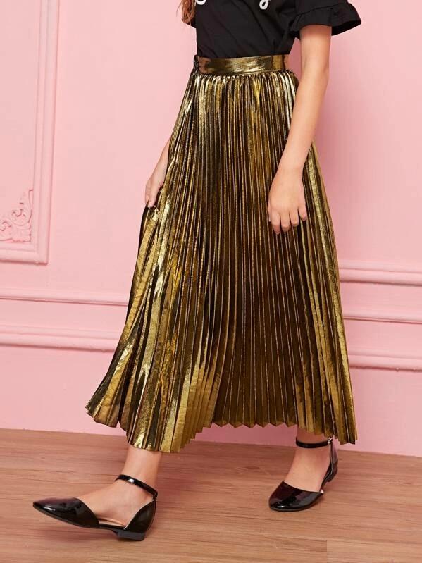 brown metallic pleated skirt