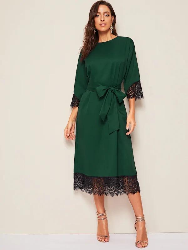 Women Lace Trim Tunic Dress With Belt