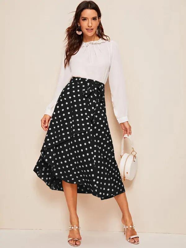 white polka dot wrap skirt