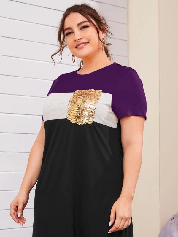 Women Plus Size Sequin Pocket Patched Colorblock Tunic Dress