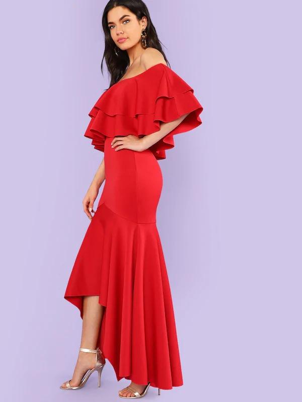 red bardot prom dress