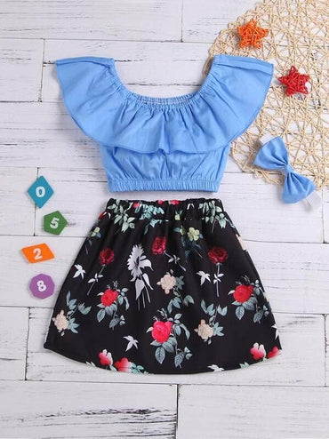 Toddler Girls Ruffle Top & Floral Print Skirt & Headband