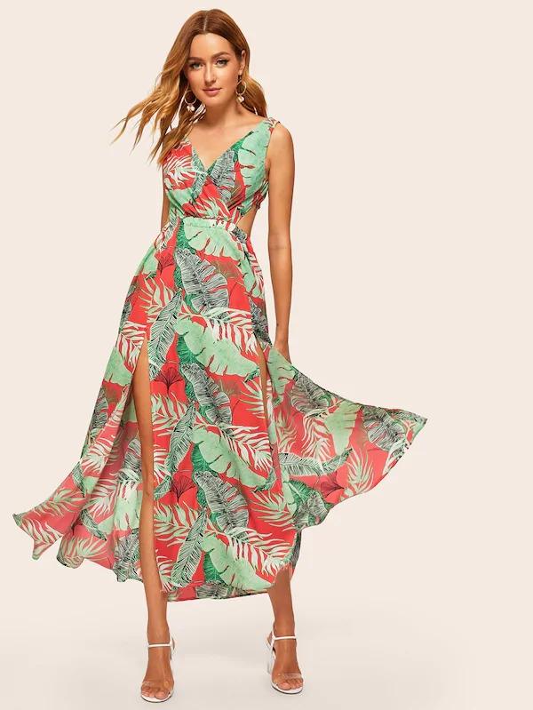 tropical print crossover split maxi dress