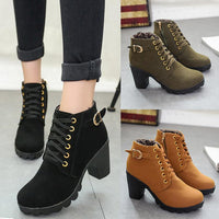 Hot Fashion Women Ankle Boots High Heel Lace Up Buckle Platform Premium Leather