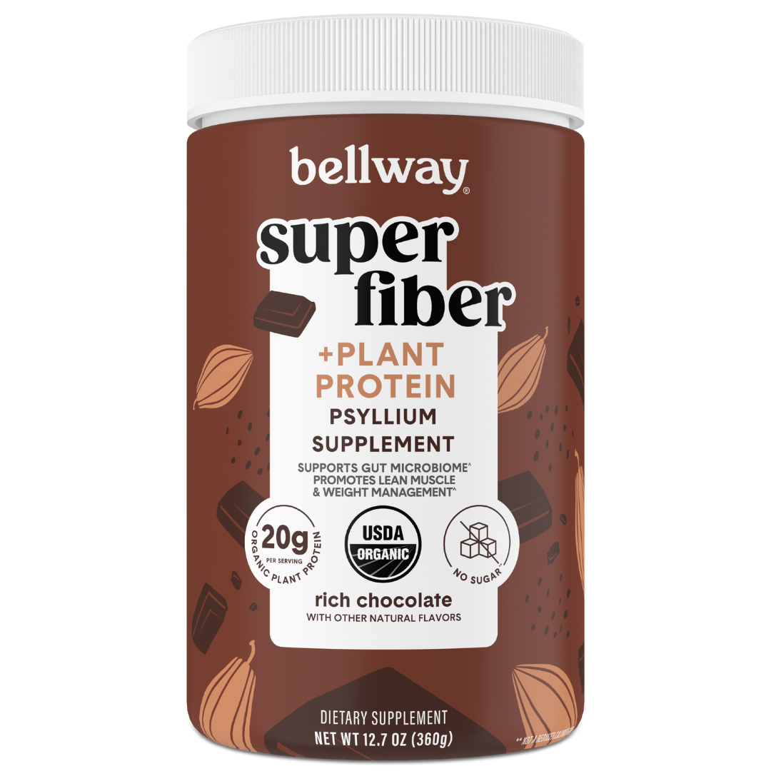 Product packaging for Bellway Super Fiber with Plant Protein in rich chocolate flavor.