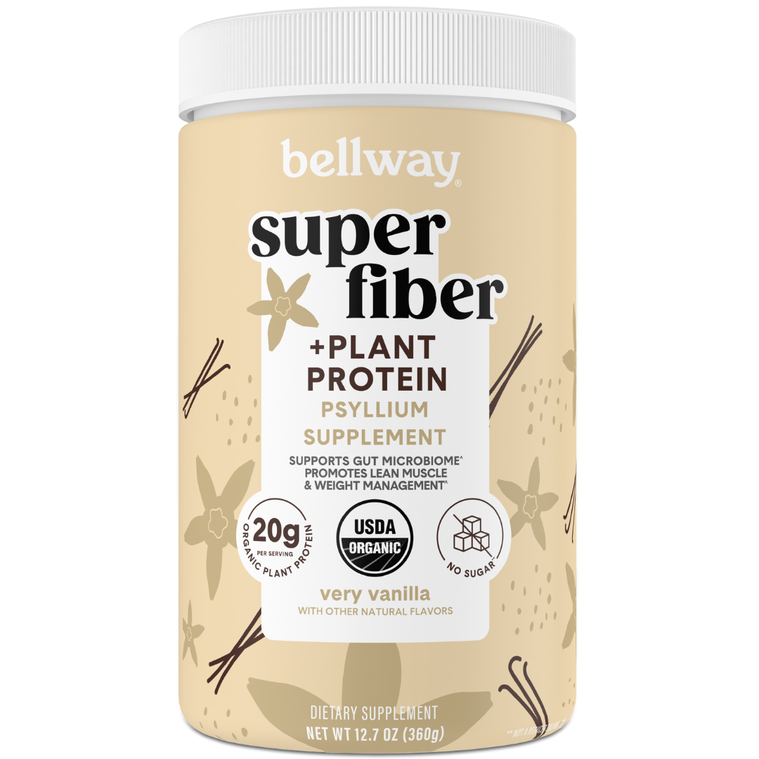 Container of Bellway Super Fiber + Plant Protein dietary supplement in vanilla flavor.