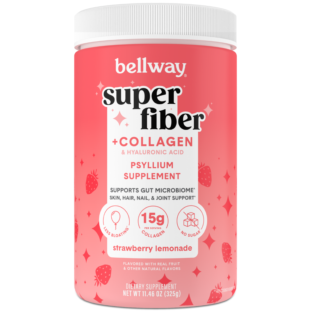 A container of Bellway Super Fiber + Collagen dietary supplement, strawberry lemonade flavor.