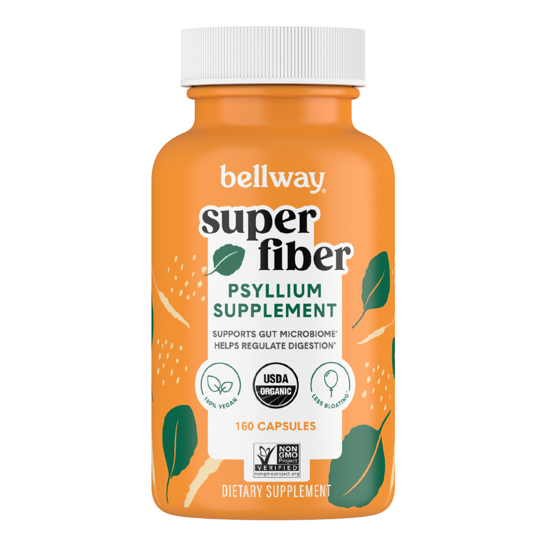 Bottle of Bellway Super Fiber Psyllium Supplement with leaves design.