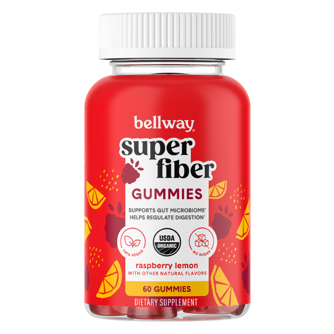 Bottle of Bellway Super Fiber Gummies, Raspberry Lemon flavor, dietary supplement.
