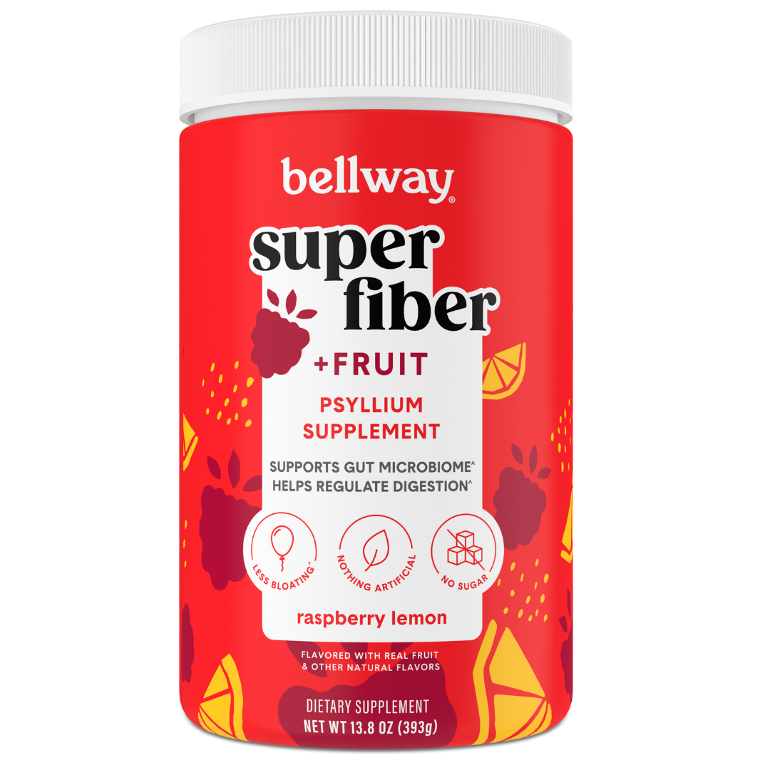A jar of Bellway Super Fiber + Fruit psyllium supplement in raspberry lemon flavor.