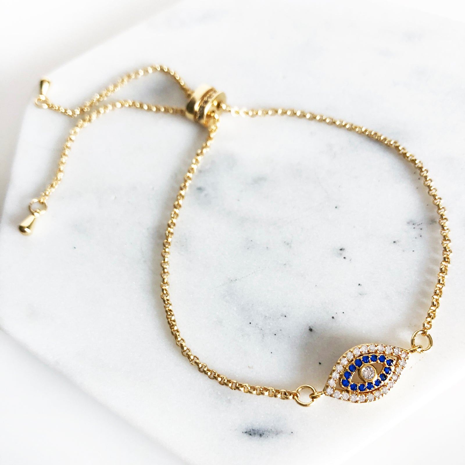 Evil eye bracelet with bolo clasp