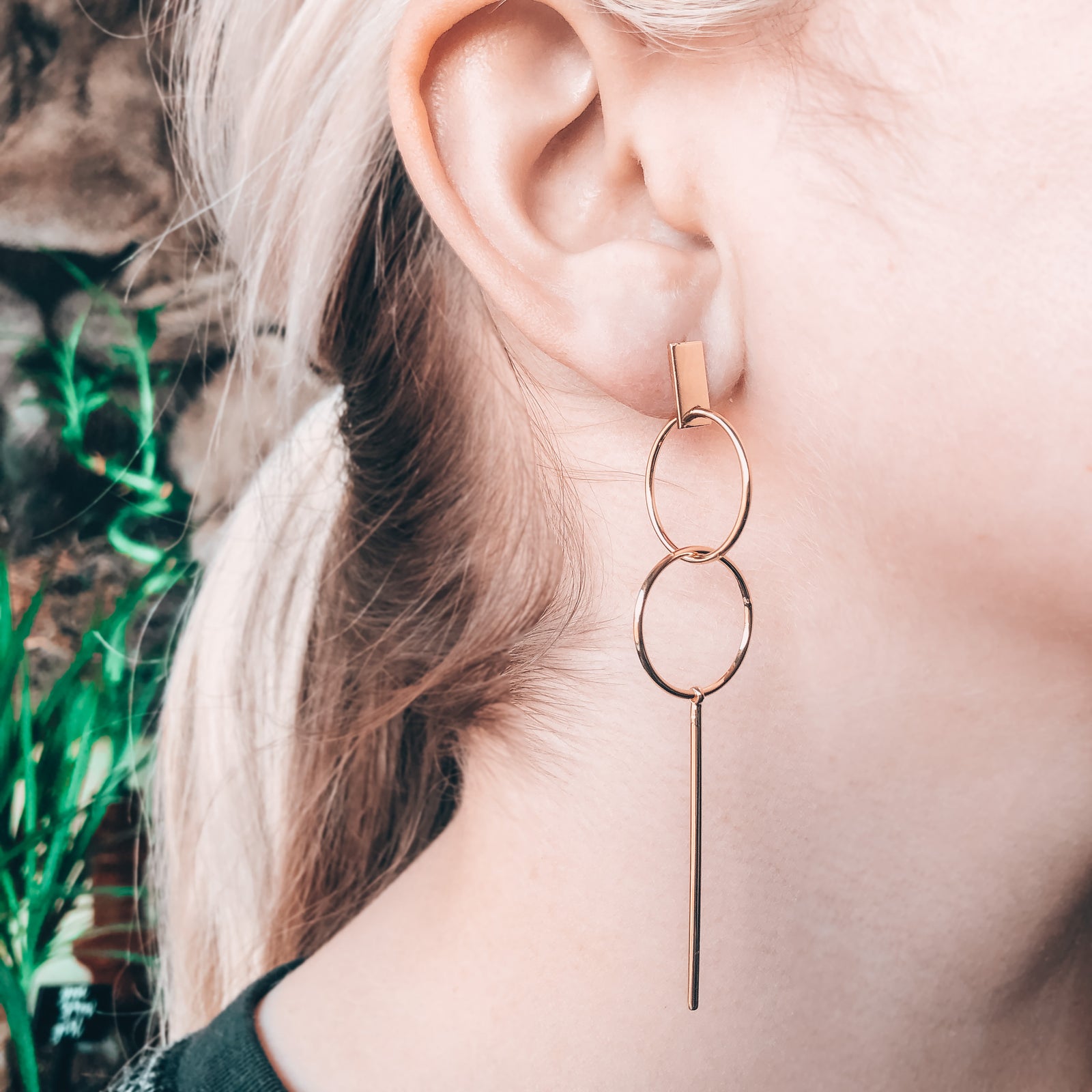 14k gold-filled minimal cocktail elegant earrings with a double hoop and stick drop