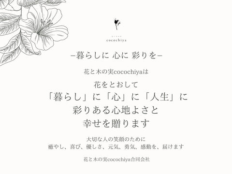 花と木の実cocochiyaは 花をとおして 「暮らし」に「心」に「人生」に　彩りある心地よさと 幸せを贈ります 大切な人の笑顔のために 癒やし、喜び、優しさ、元気、勇気、感動を、届けます −暮らしに 心に 彩りを−　花と木の実cocochiya合同会社