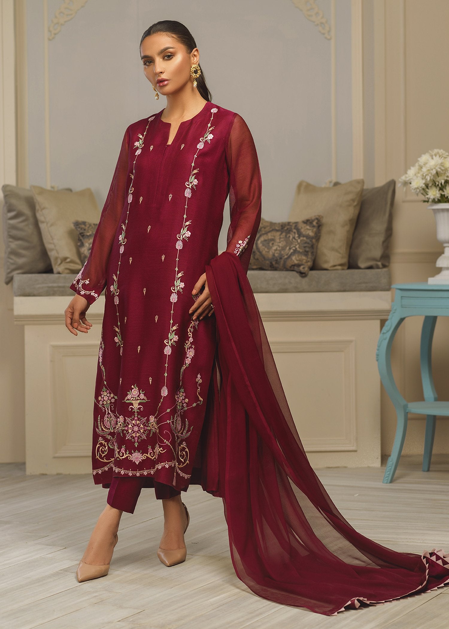 Plain Bhagalpuri Silk Front Slit Pakistani Suit in Magenta : KJN3184