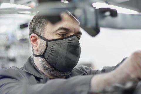 Myant Worker wearing Endura Grey Face Mask 