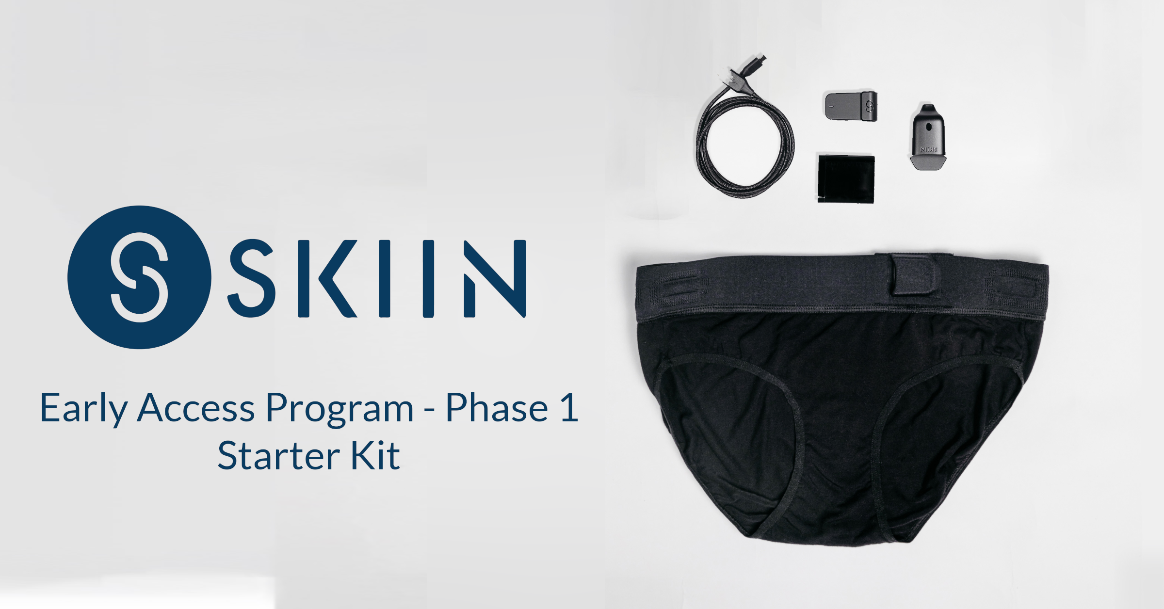 Contents of the Skiin EAP - Phase 1 Starter Kit including underwear, pod, and charging kit