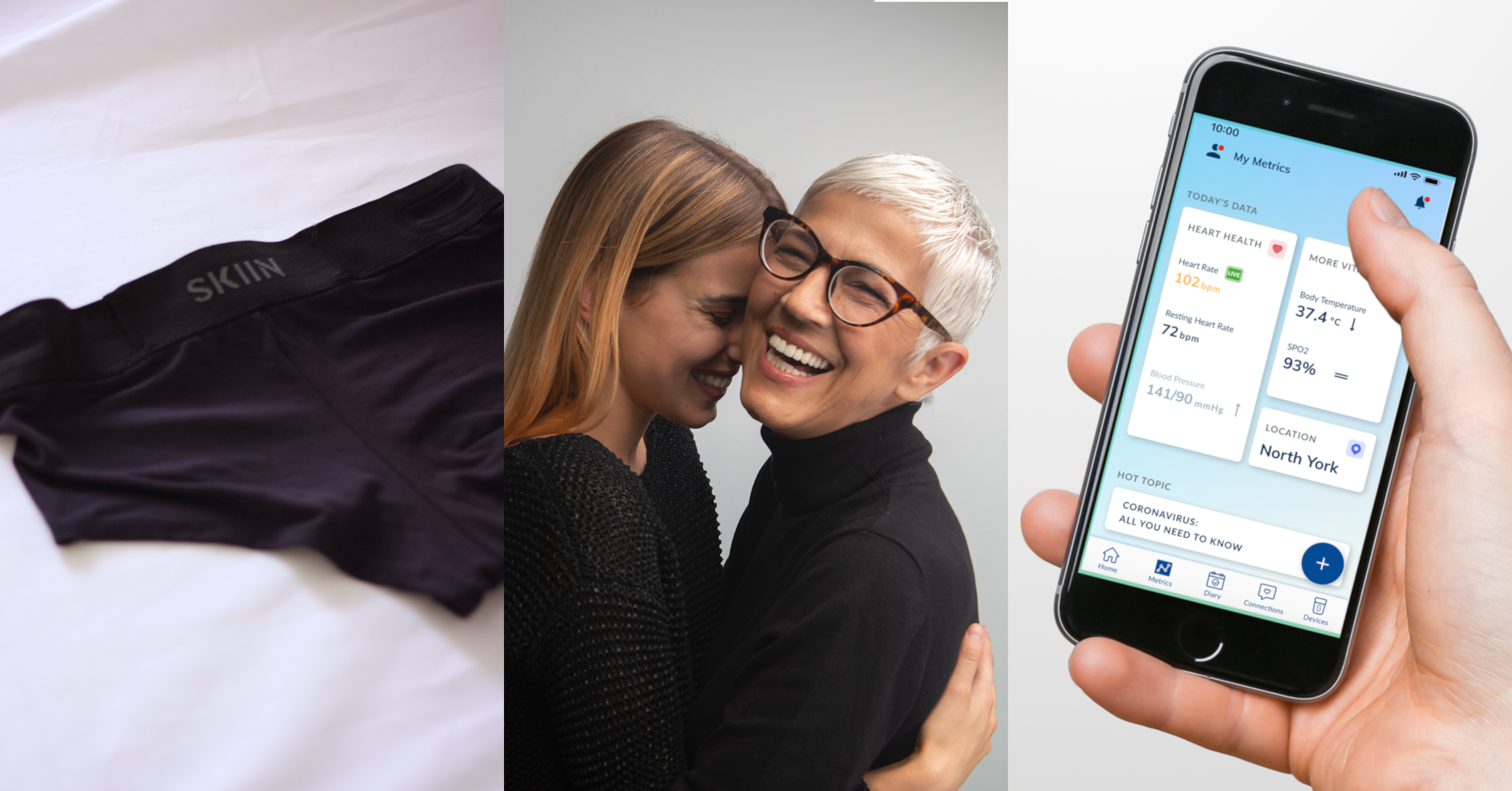 Left: A pair of Skiin underwear. Middle: A woman in her 30s embraces her mother. Right: A hand holding a smartphone with the Skiin Connected Life app.