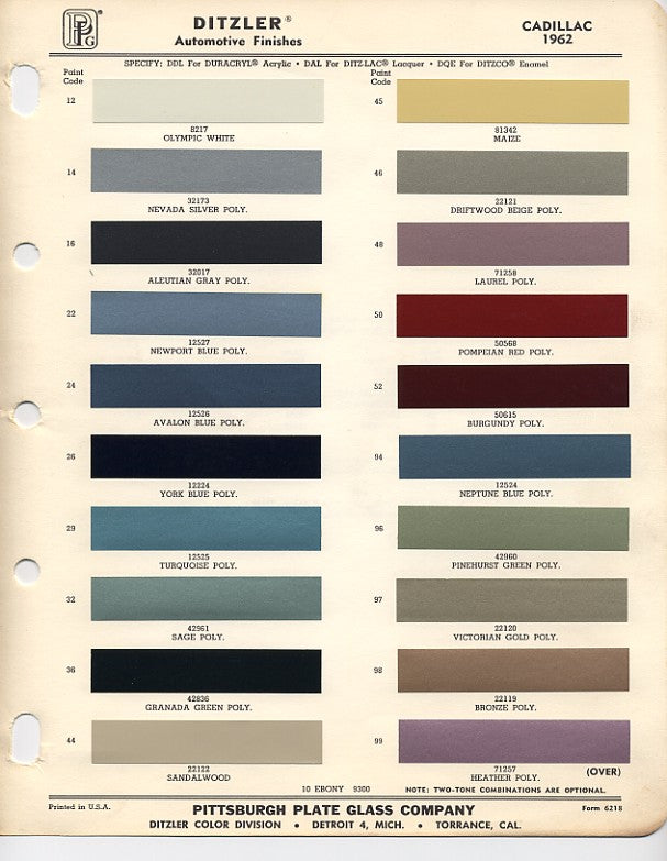 cadillac paint color chart