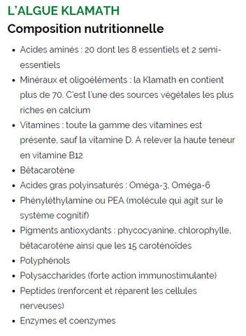 Composition nutritionnelle de la Klamath