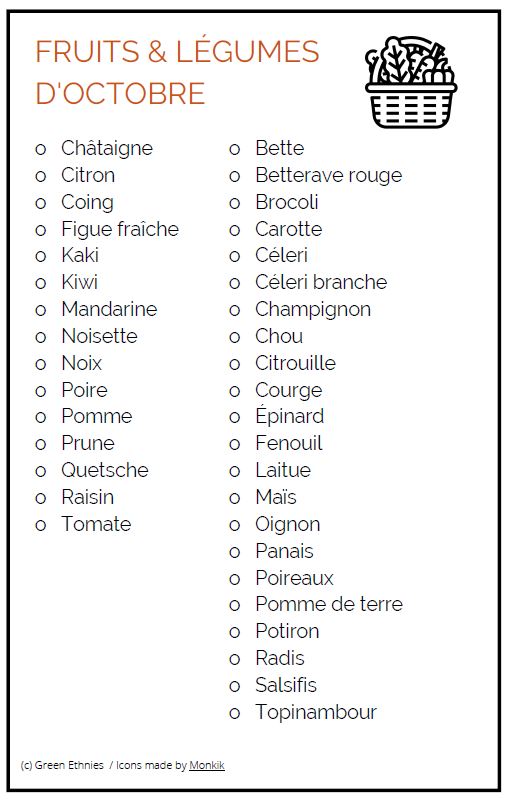 Liste des Fruits et Légumes d'octobre