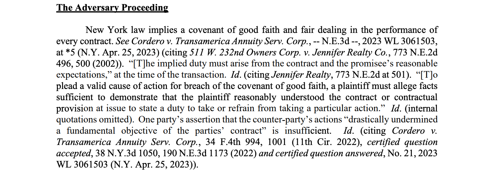 Serta - Good Faith and Fair Dealing - Adversary Complaint