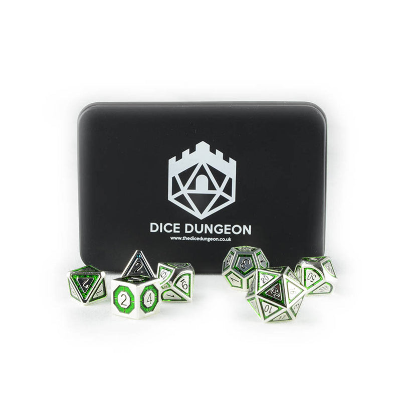 Gaius the Green metal dnd dice set with tin
