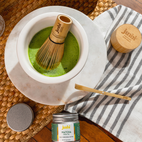 Junbi Daily Ceremonial Matcha whisked using a traditional bamboo whisk