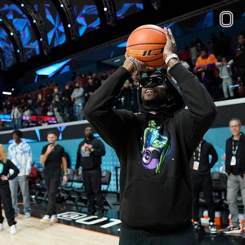 Rapper, 2Chainz, at OTE opening weekend, shooting SIQ Basketball. 