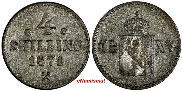 NORWAY Carl XV Silver 1871 4 Skilling 1 YEAR TYPE Mintage-559,000 KM# 337