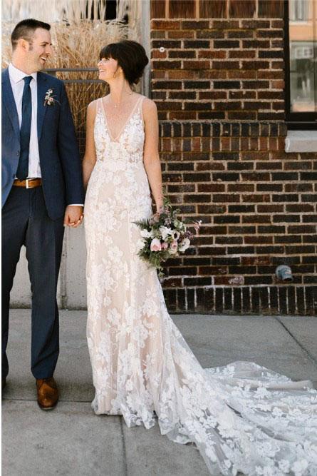 Sheath V-Neck Backless White Lace Boho Wedding Dress Bridal Gown PDL13 –  trendtydresses