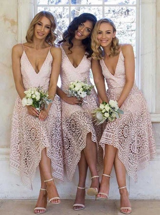 A Line Red Deep V Neck Spaghetti Straps Asymmetrical Lace Bridesmaid  Dresses – trendtydresses