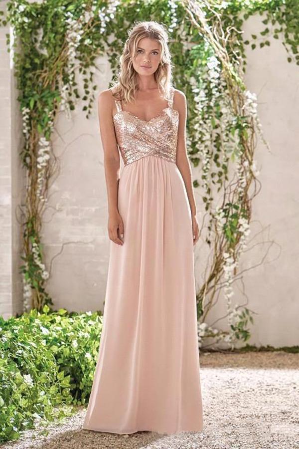 Rose Gold A Line Spaghetti Straps Prom Gown Backless Sequins Chiffon  Bridesmaid Dress – trendtydresses