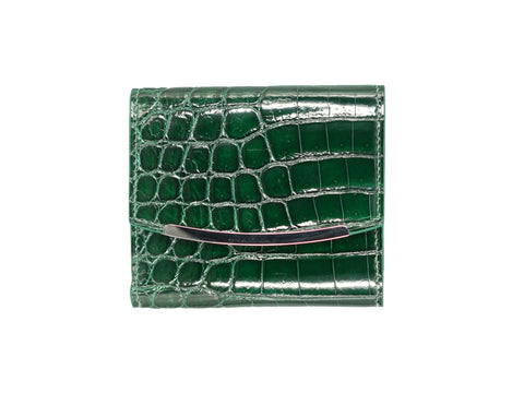 Shiny agate stone polished green crocodile leather wallet tri-fold clip