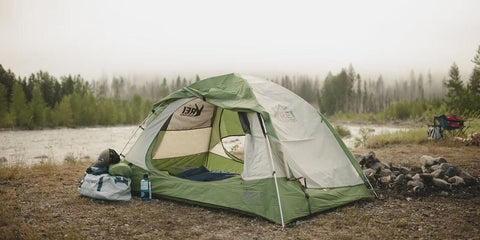 Hiking equipment for camping on the lake shore