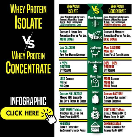 Whey Protein Concentration vs. Whey Protein Isolate Differences Info Graphic.  What are the differences between WPC and WPI ?