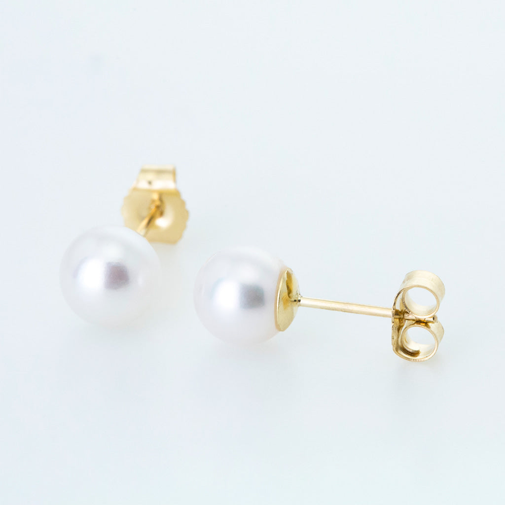 White 10mm Button Freshwater Pearl Earrings in 14K Yellow Gold