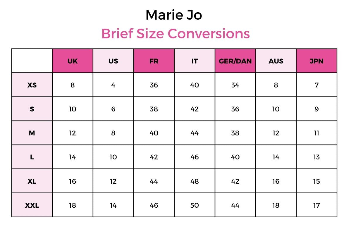 marie jo brief size conversion table