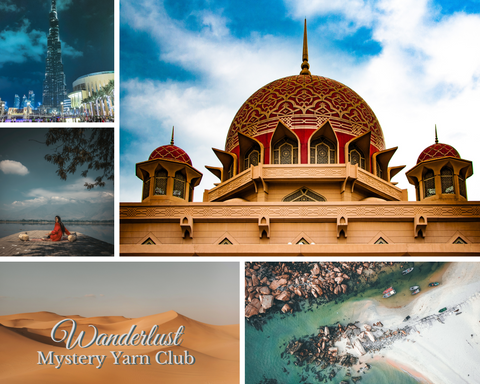 The mood board used for the November Wanderlust Mystery Yarn Club, made up of landscapes and architecture of Asia. The colours are: sandy golds, aquas, deep blues and reds. 