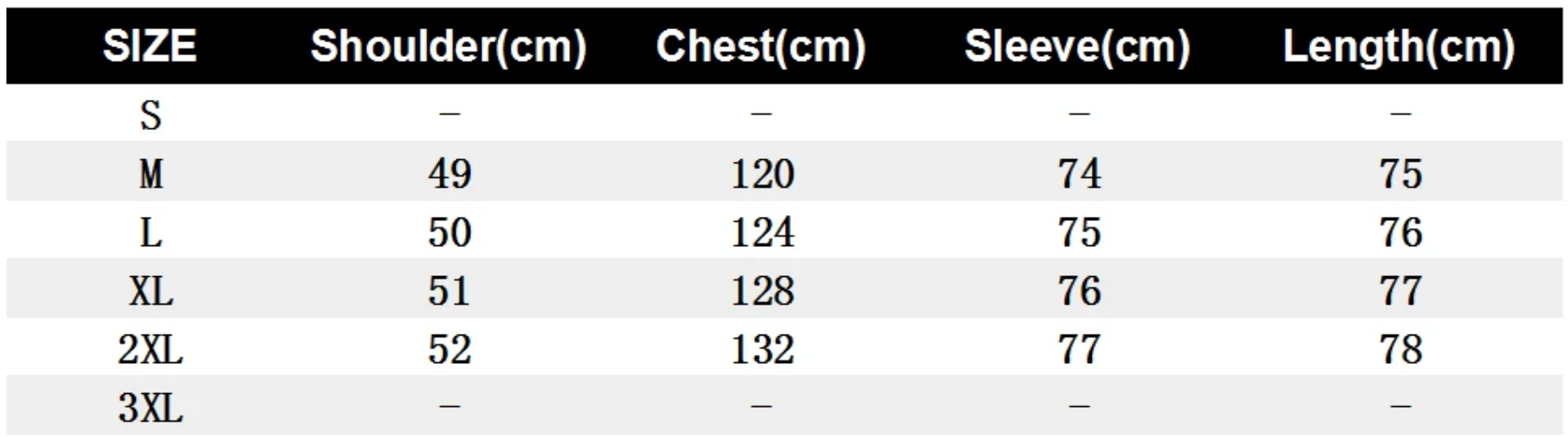 techwear down jacket size chart