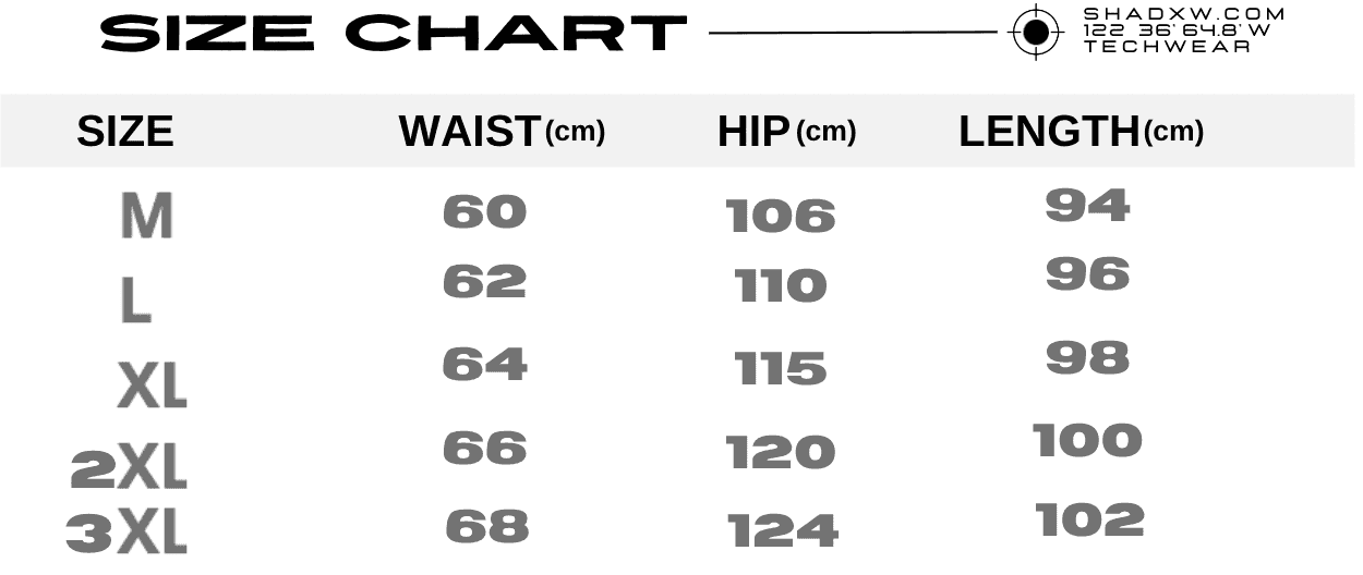 Größentabelle für verkürzte Techwear-Hosen