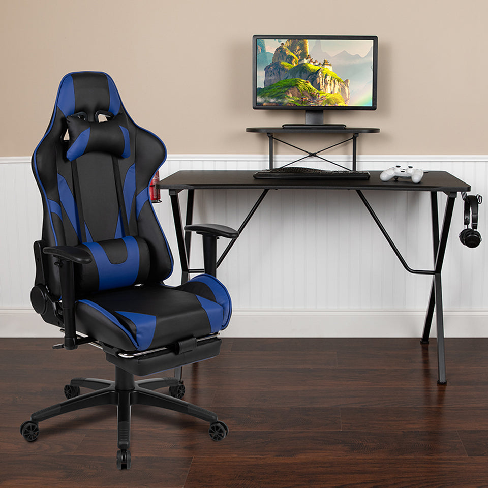 Black Gaming Desk with Cup Holder/Headphone Hook and Monitor/Smartphone Stand & Reclining Gaming Chair with Footrest
