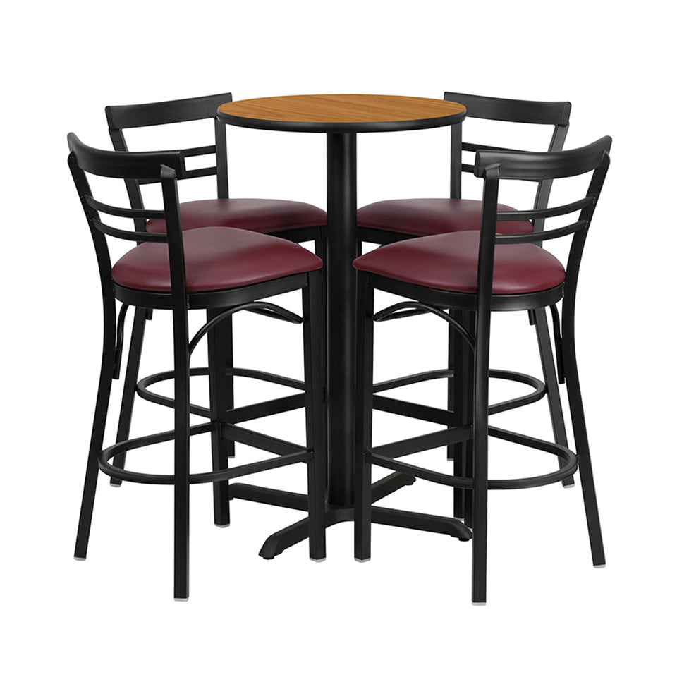 Flash Furniture 24'' Round Black Laminate Table Set with X-Base and 4 Two-Slat Ladder Back Metal Barstools - Burgundy Vinyl Seat
