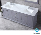 Lexora Dukes 80" Dark Grey Freestanding Double Bathroom Vanity, White Carrara Marble Top, White Square Sinks and 30" Mirrors with Faucets