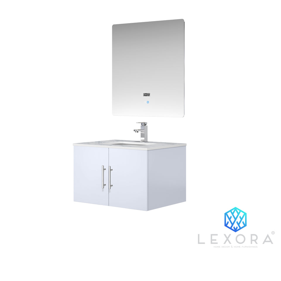 Geneva 30" Glossy White Single Vanity, White Carrara Marble Top, White Square Sink and 30" LED Mirror with Faucet